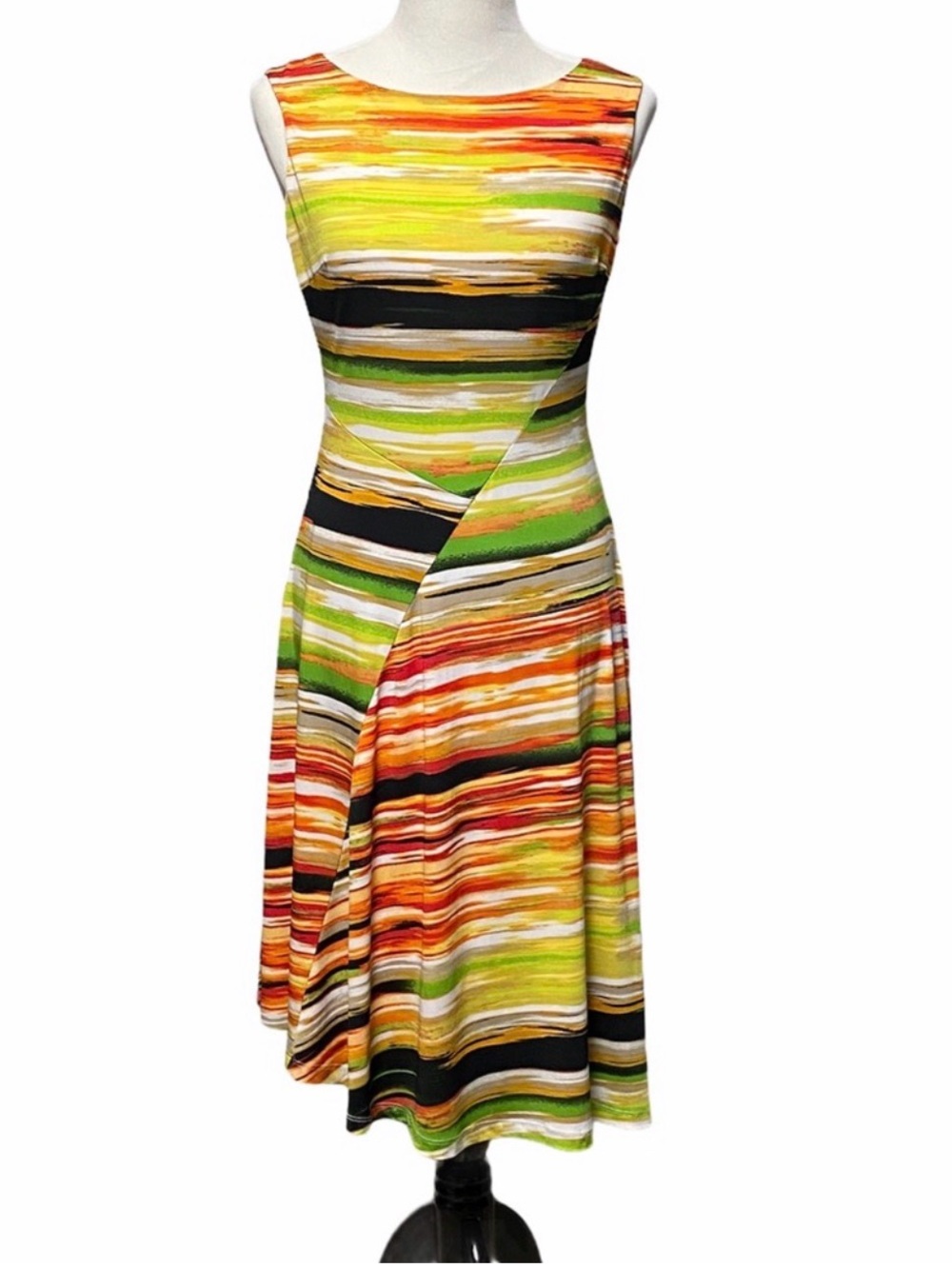 Ellen Tracy Striped Sleeveless Midi Dress in Yellow, Green, Orange & Black